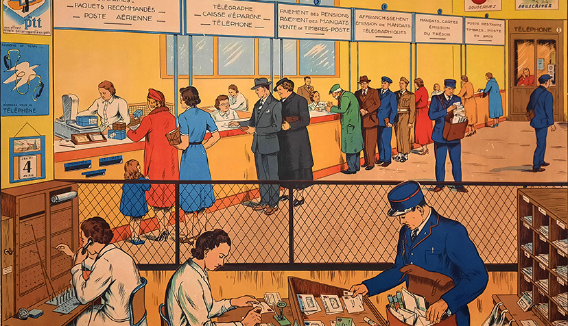 Tableau éducatif n°18 : À la poste, 1965, impression couleurs sur papier