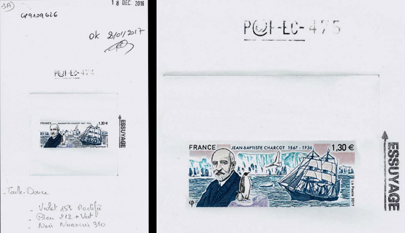 Epreuves après gravure d'un timbre en hommage à Jean-Baptiste Charcot