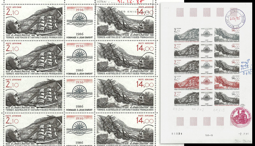 Bloc et maquette de timbres de la poste aérienne en hommage à Jean Charcot