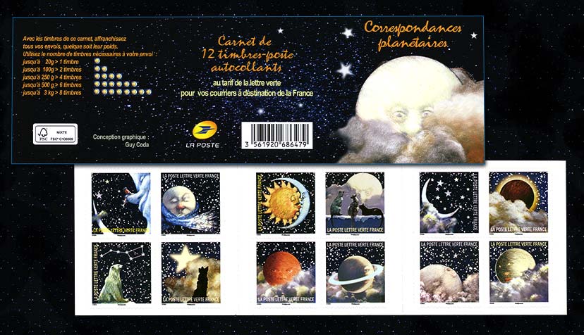 Carnet de 12 timbres-poste 2016 (recto-verso Correspondances planétaires)