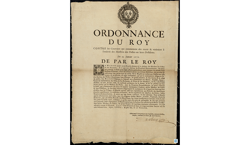 Affiche de l’Ordonnance du Roy à l’encontre des violences faites sur les maîtres des Postes, 1676