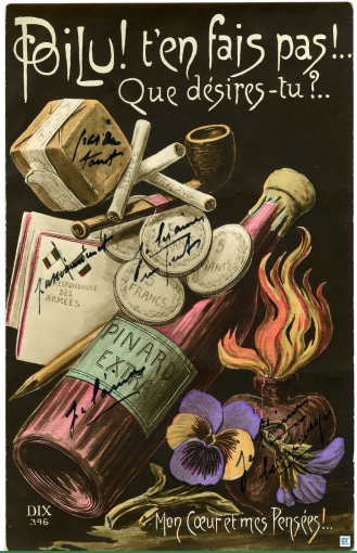 Poilu ! t’en fais pas !... Que désires-tu ?... , carte postale - Tirage bromure en couleur, début XXe siècle