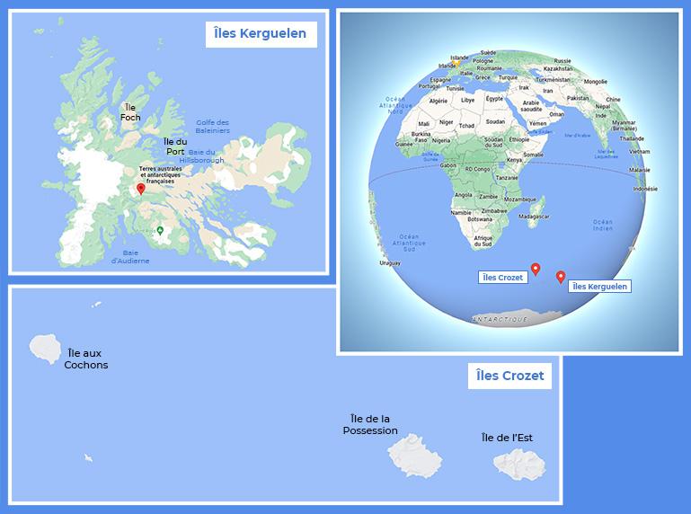 Carte avec localisation des archipels Crozet et Kerguelen