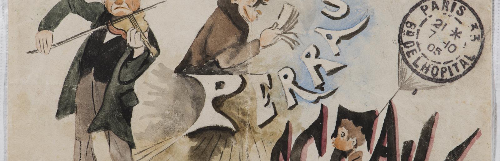 Fréderic Pioche, Enveloppe illustrée et adressée à Alphonse Perrault, gouache et aquarelle, 1905